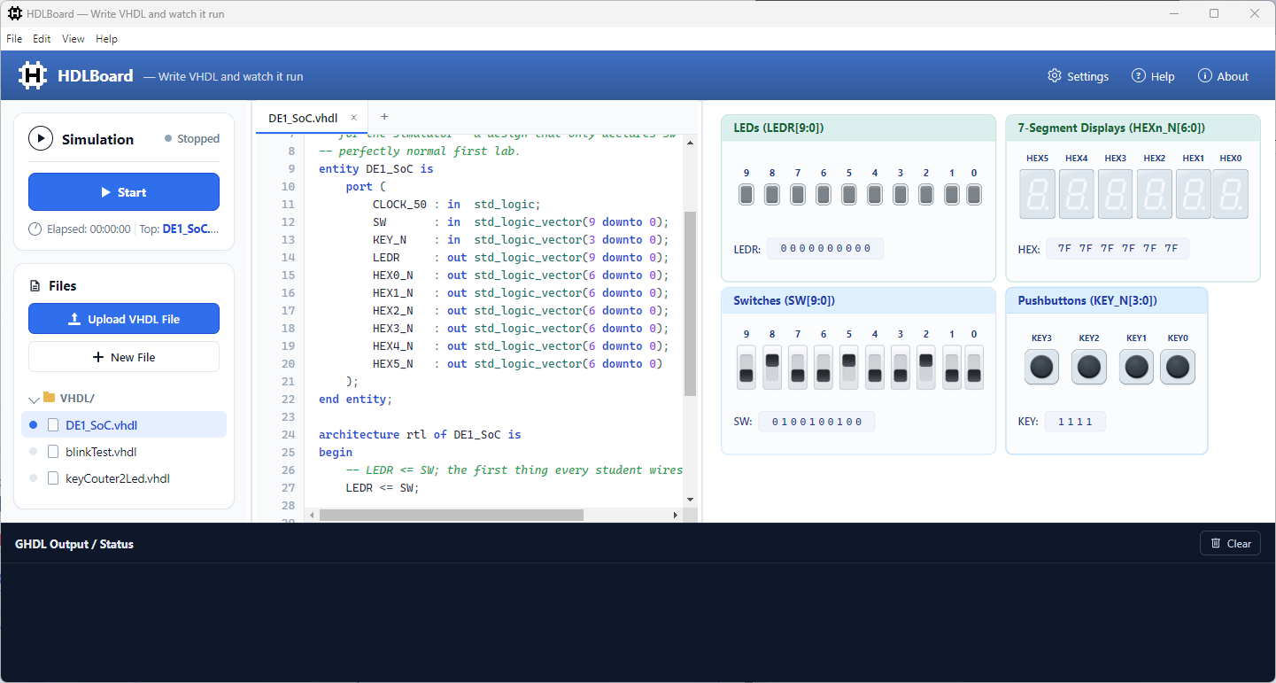 HDLBoard running DE1_SoC.vhd: a file tree and VHDL editor on the left, and the virtual FPGA-Dev board with switches, LEDs and seven-segment displays on the right.